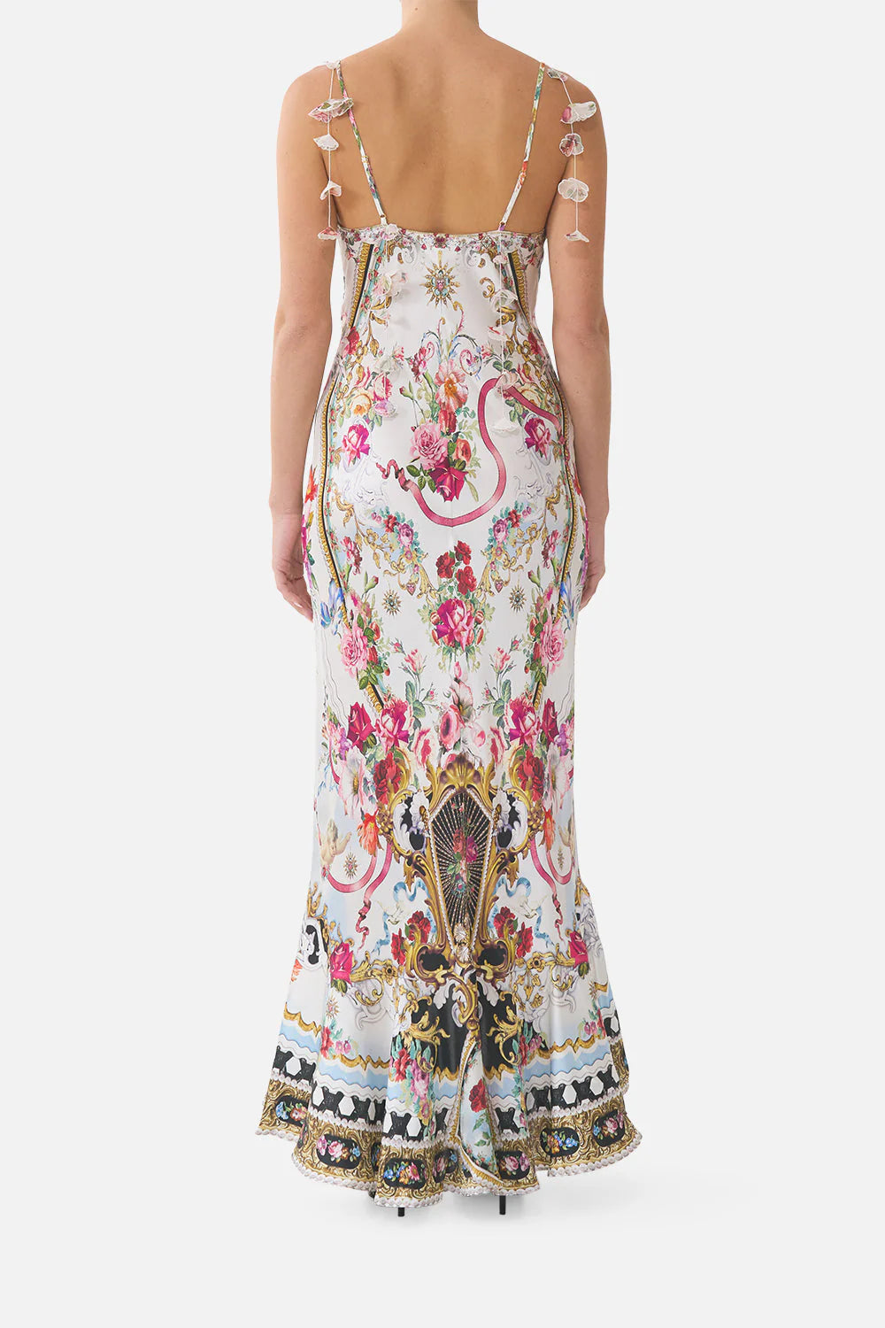 Torero Libertine Floral Flounce Hem Sleeveless Slip Silk Maxi Dress in White