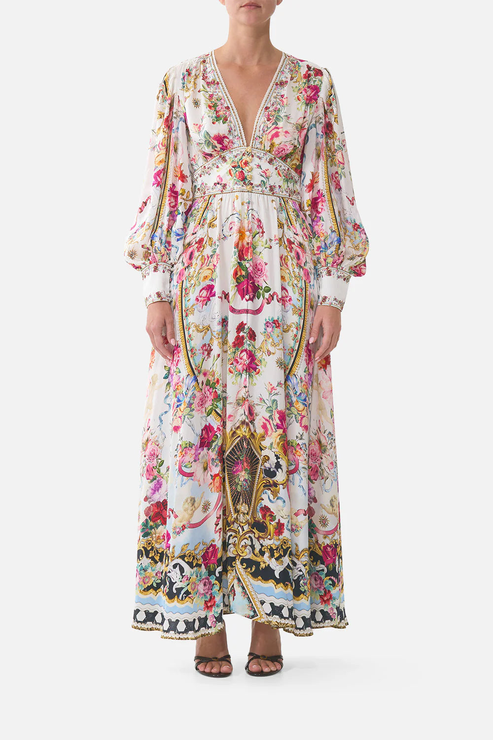 Torero Libertine Floral Shaped Waistband Silk Maxi Dress in White