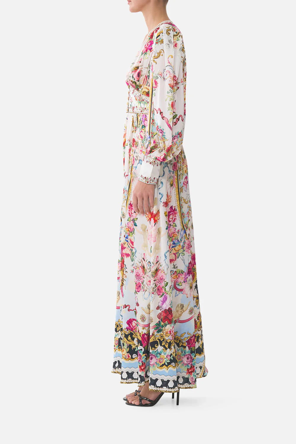 Torero Libertine Floral Shaped Waistband Silk Maxi Dress in White