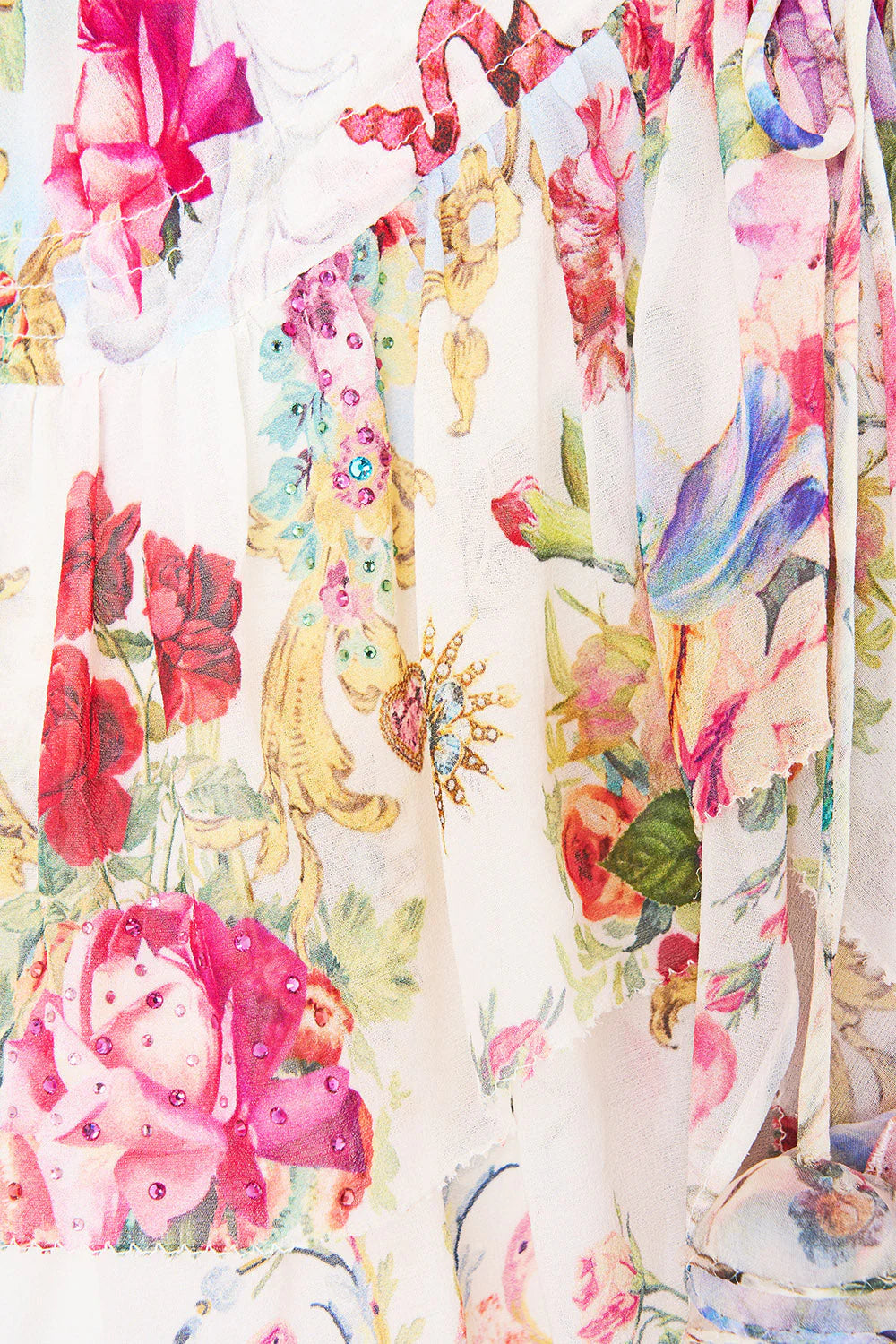 Torero Libertine Floral Sleeveless Ruffles Tie Front Detail Silk Top in White