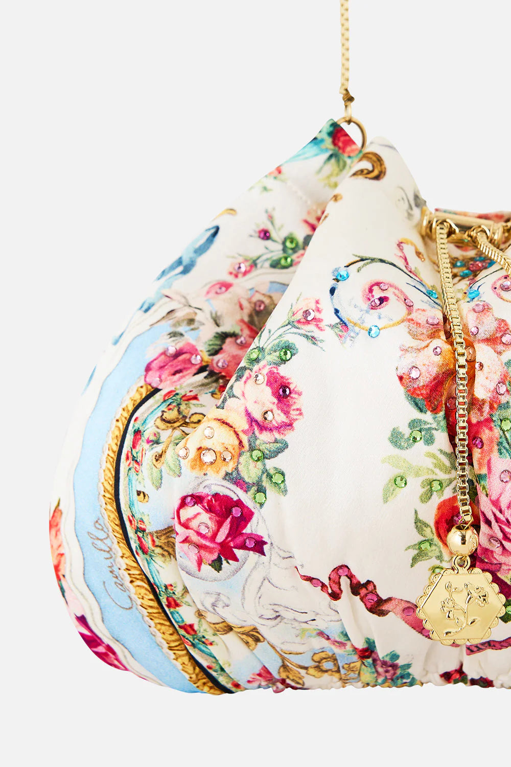 Torero Libertine Floral Drawstring Pouch Chain Strap Shoulder Bag in White