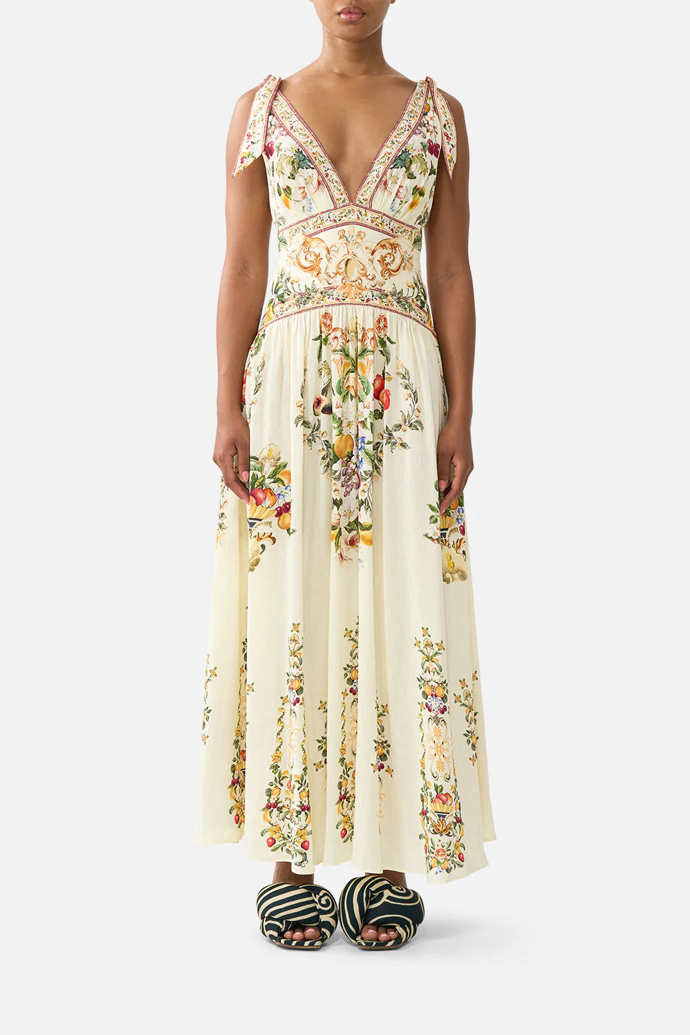 Va Va Vintage Floral Sleeveless Tie Shoulder Linen Maxi Dress in Yellow