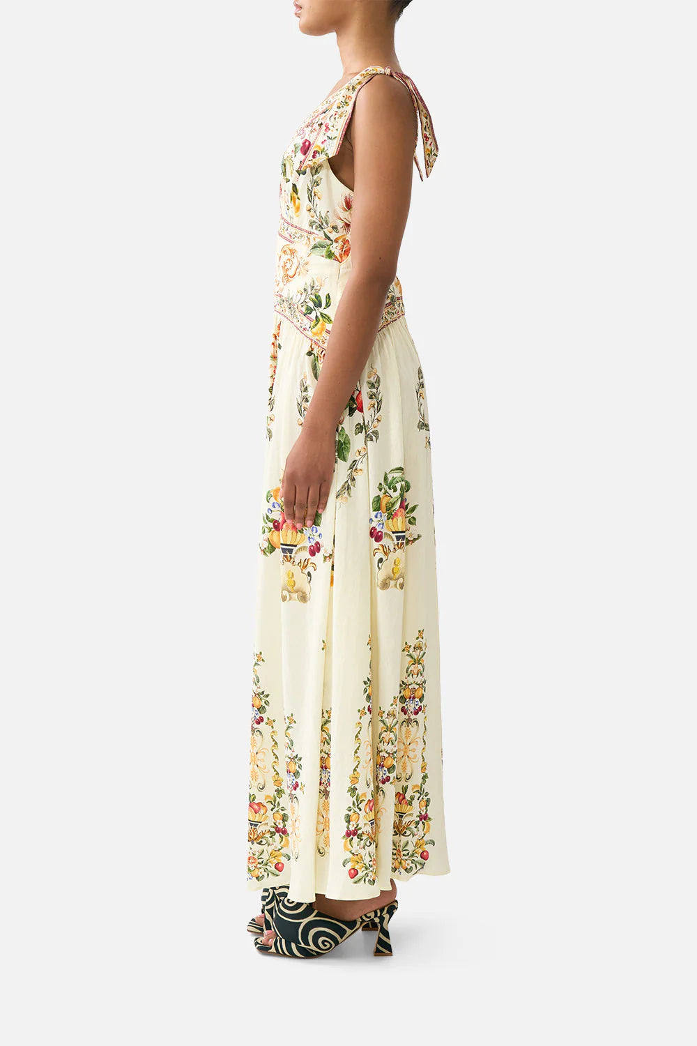 Va Va Vintage Floral Sleeveless Tie Shoulder Linen Maxi Dress in Yellow