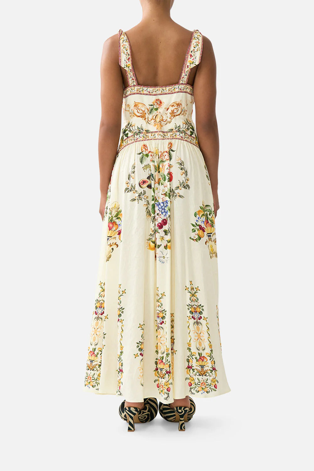 Va Va Vintage Floral Sleeveless Tie Shoulder Linen Maxi Dress in Yellow