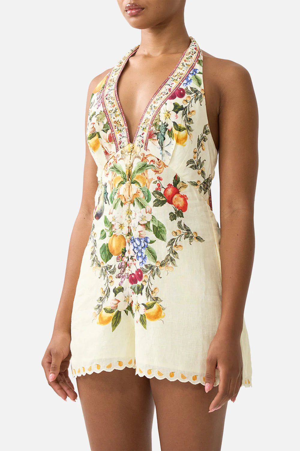 Va Va Vintage Floral Button Front Halter Neck Linen Jumpsuit in Yellow