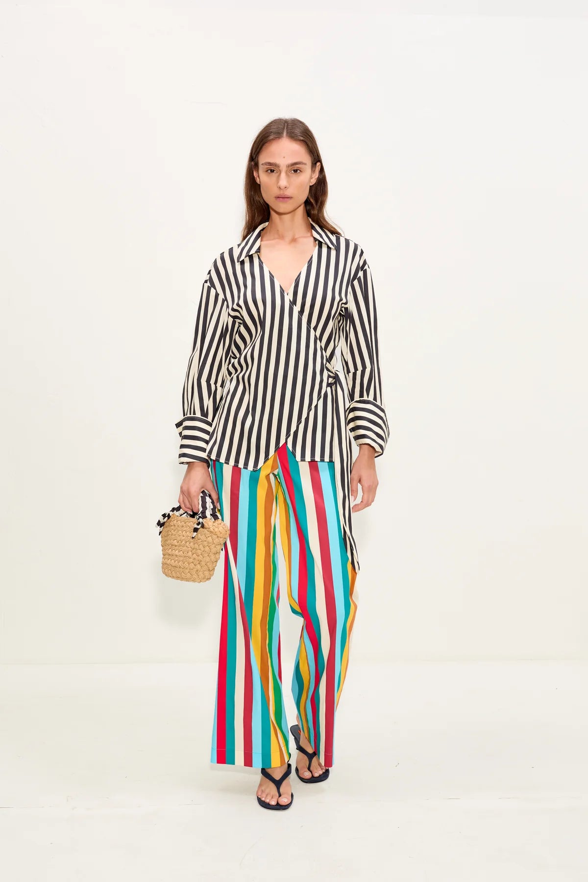 Anya Poplin Striped Wrap Button Up Cotton Top in Black