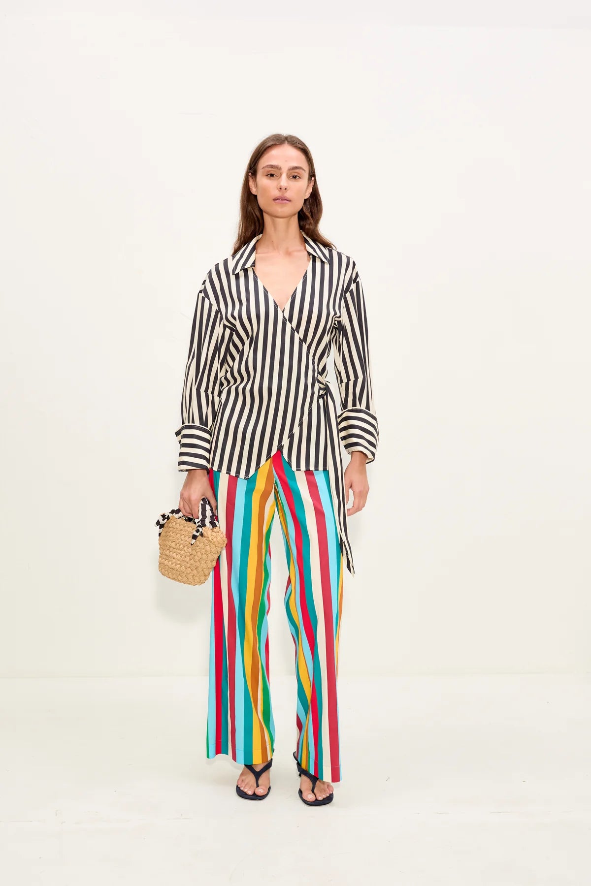Anya Poplin Striped Wrap Button Up Cotton Top in Black