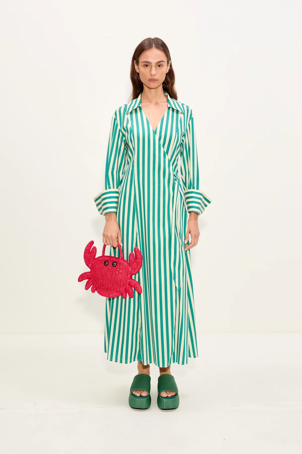 Anya Poplin Striped Wrap Cotton Maxi Dress in Green