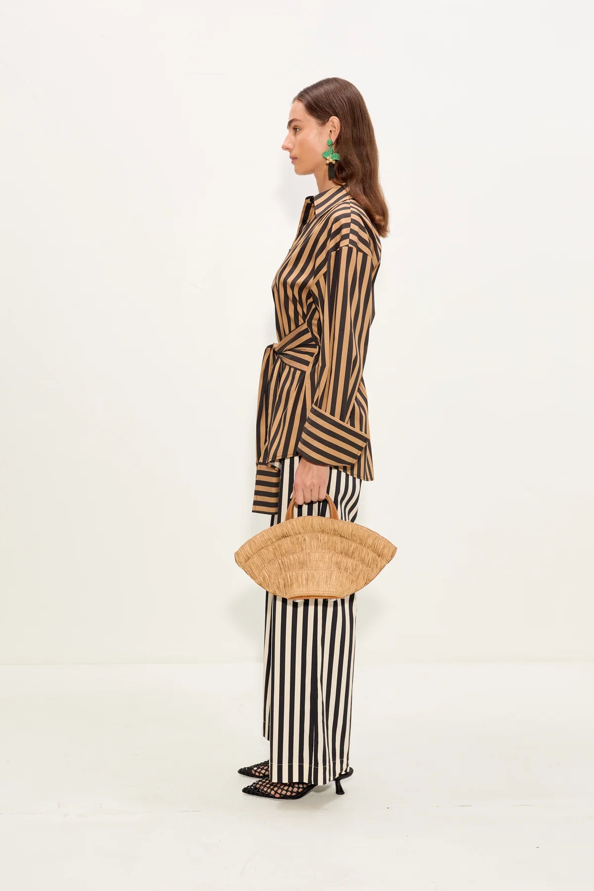 Inna Poplin Striped Button Up Cotton Top in Brown