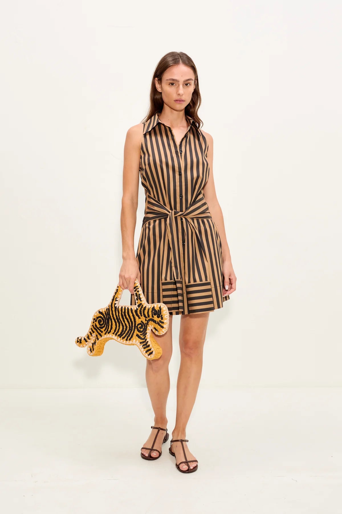 Inna Sleeveless Striped Poplin Cotton Mini Dress in Brown