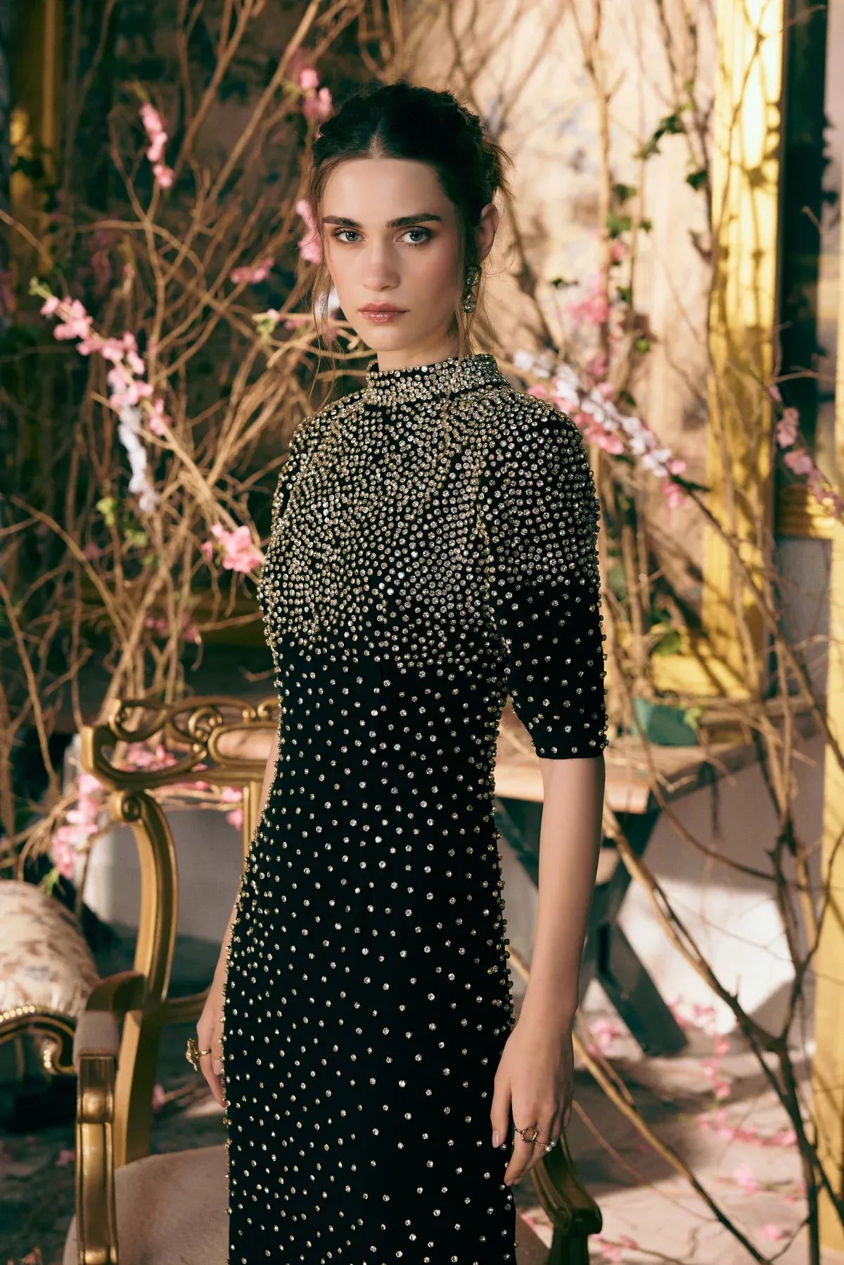 Nyx Constellation Bloom Crystals Embellished Evening Dress in Black