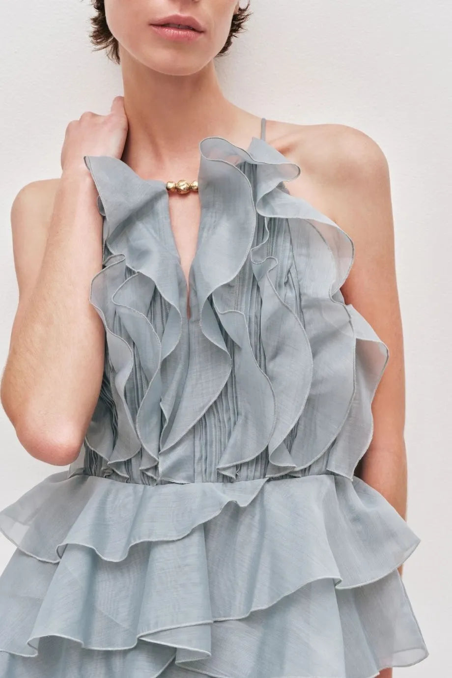 Cleo Ruffles Sleeveless Maxi Dress in Blue