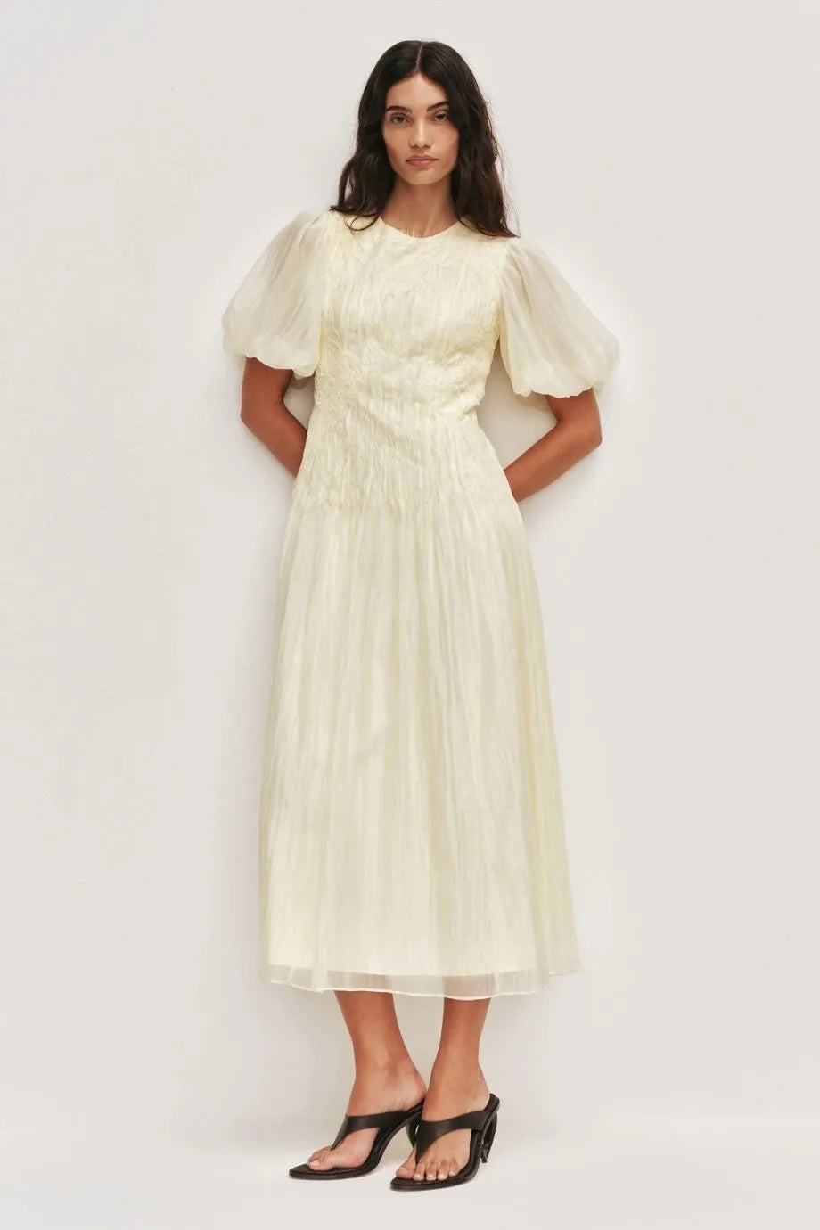Ophelia Lace Midi Dress in Yellow