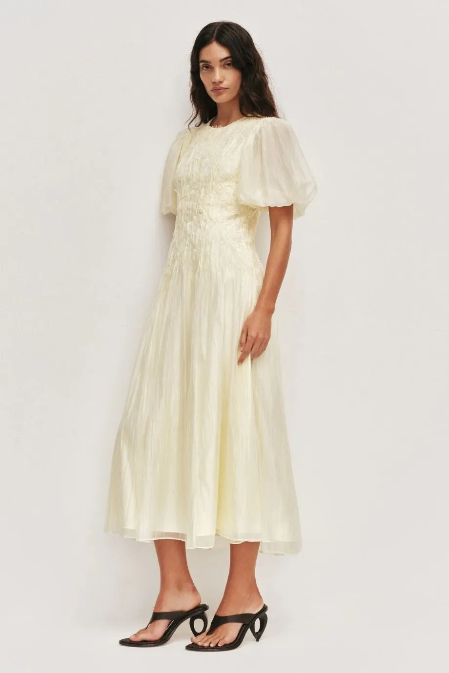 Ophelia Lace Midi Dress in Yellow