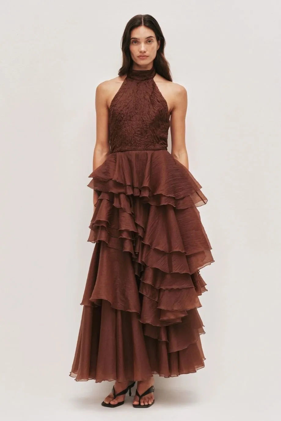 Fayette Ruffles Halter Neck Sleeveless Maxi Dress in Brown