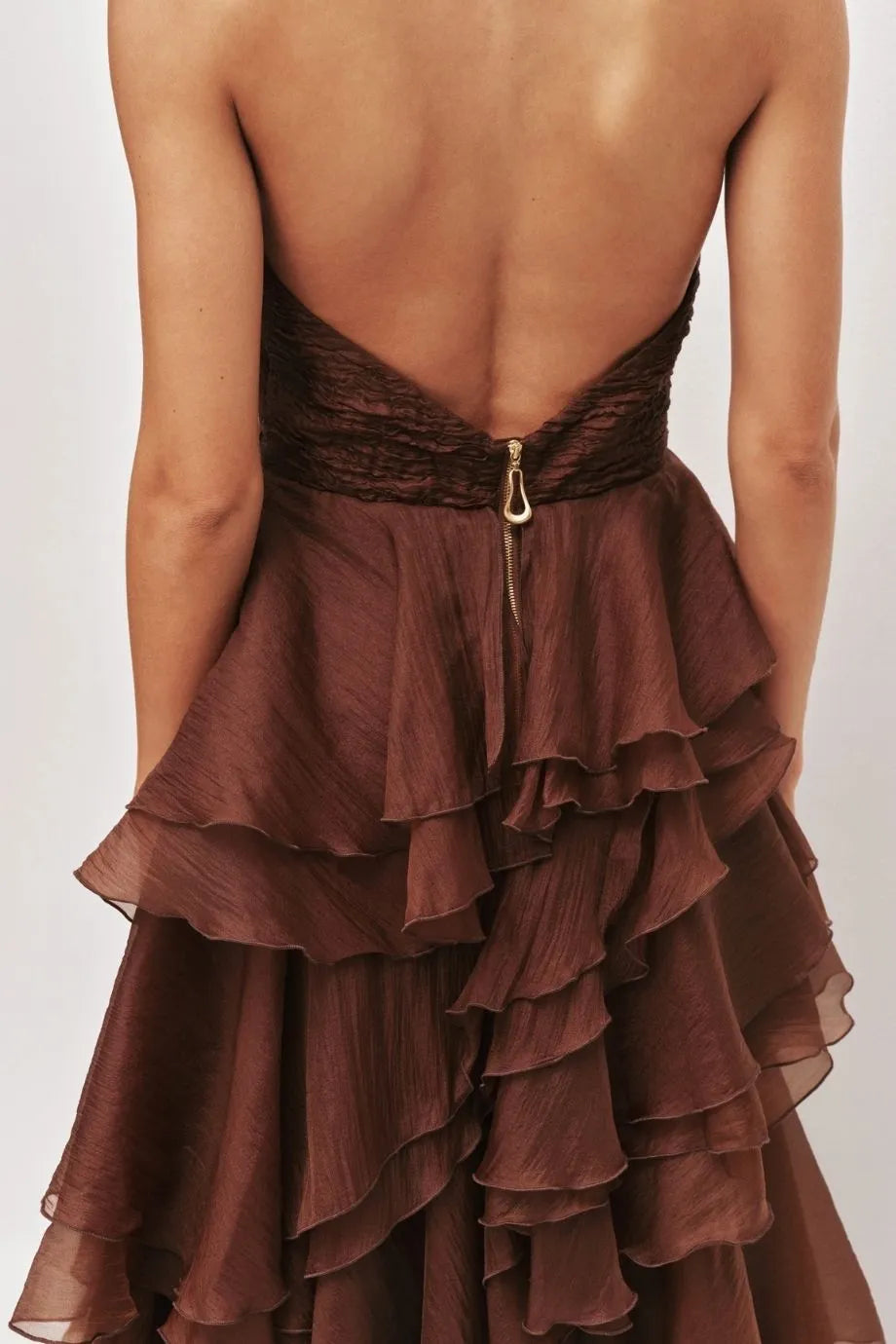 Fayette Ruffles Halter Neck Sleeveless Maxi Dress in Brown
