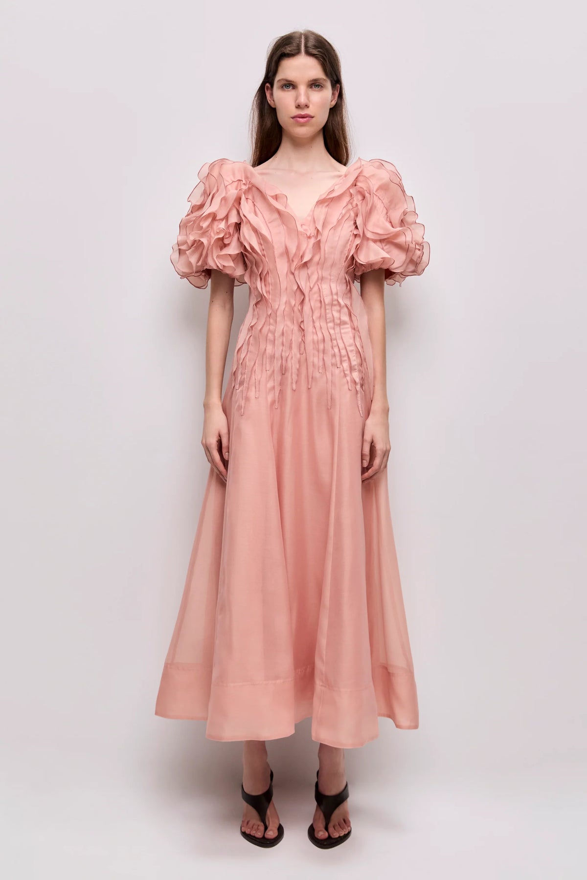 Seraphina Puff Sleeves Midi Dress in Pink