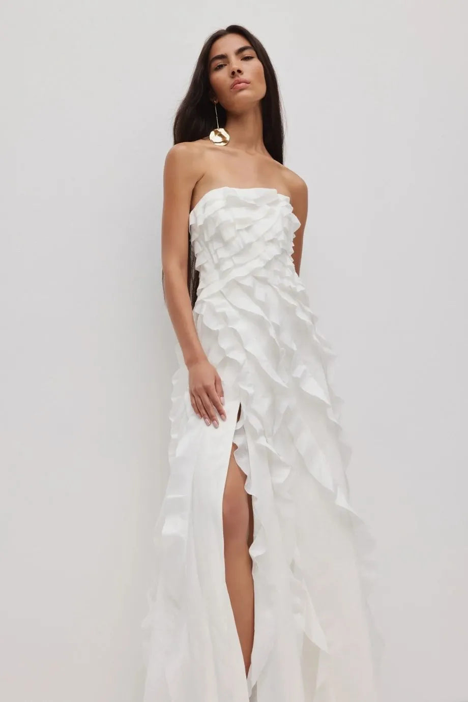 Allairie Ruffles Strapless Maxi Dress in White