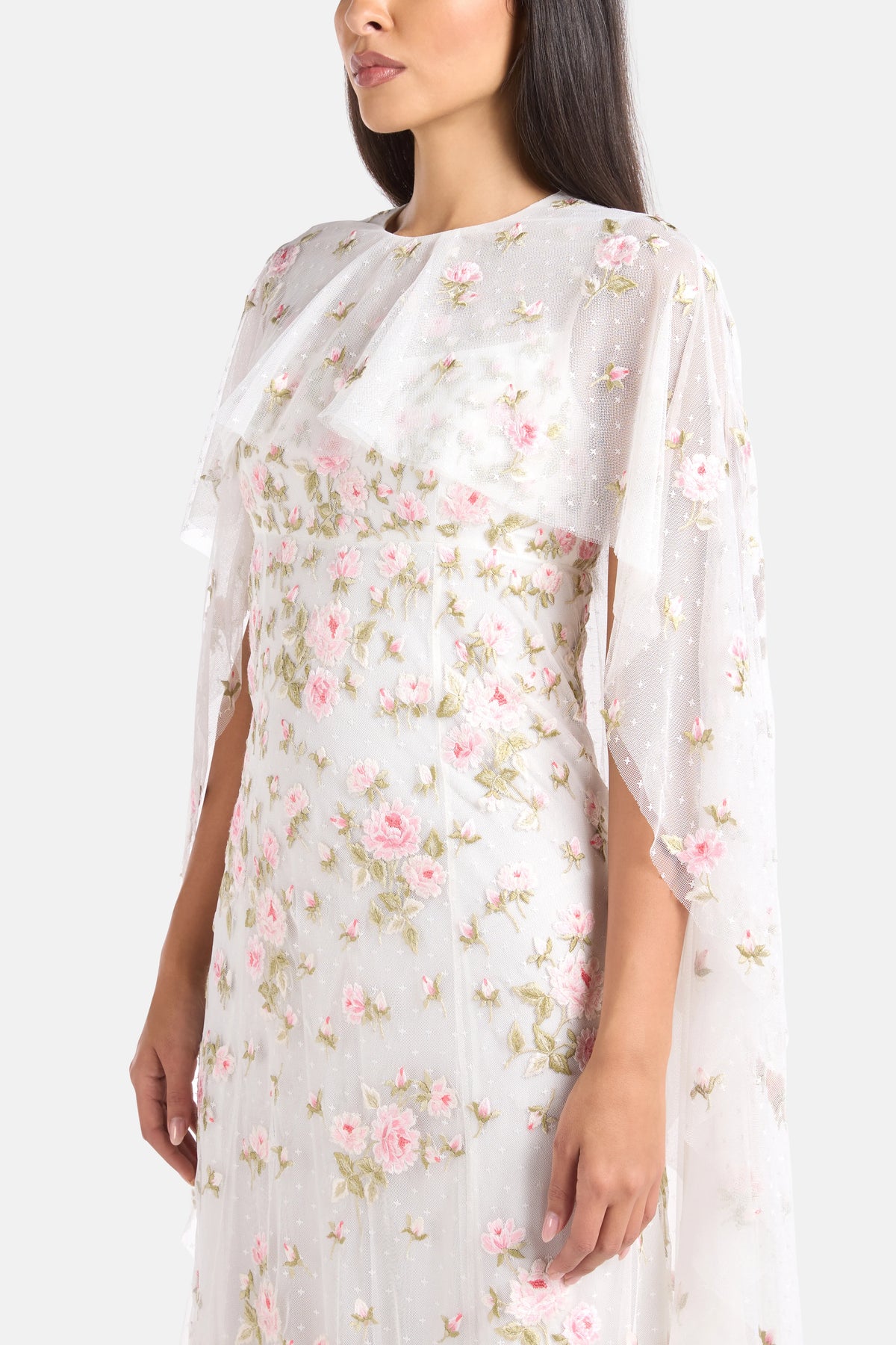Rose Bloom Cape Floral Evening Dress in White