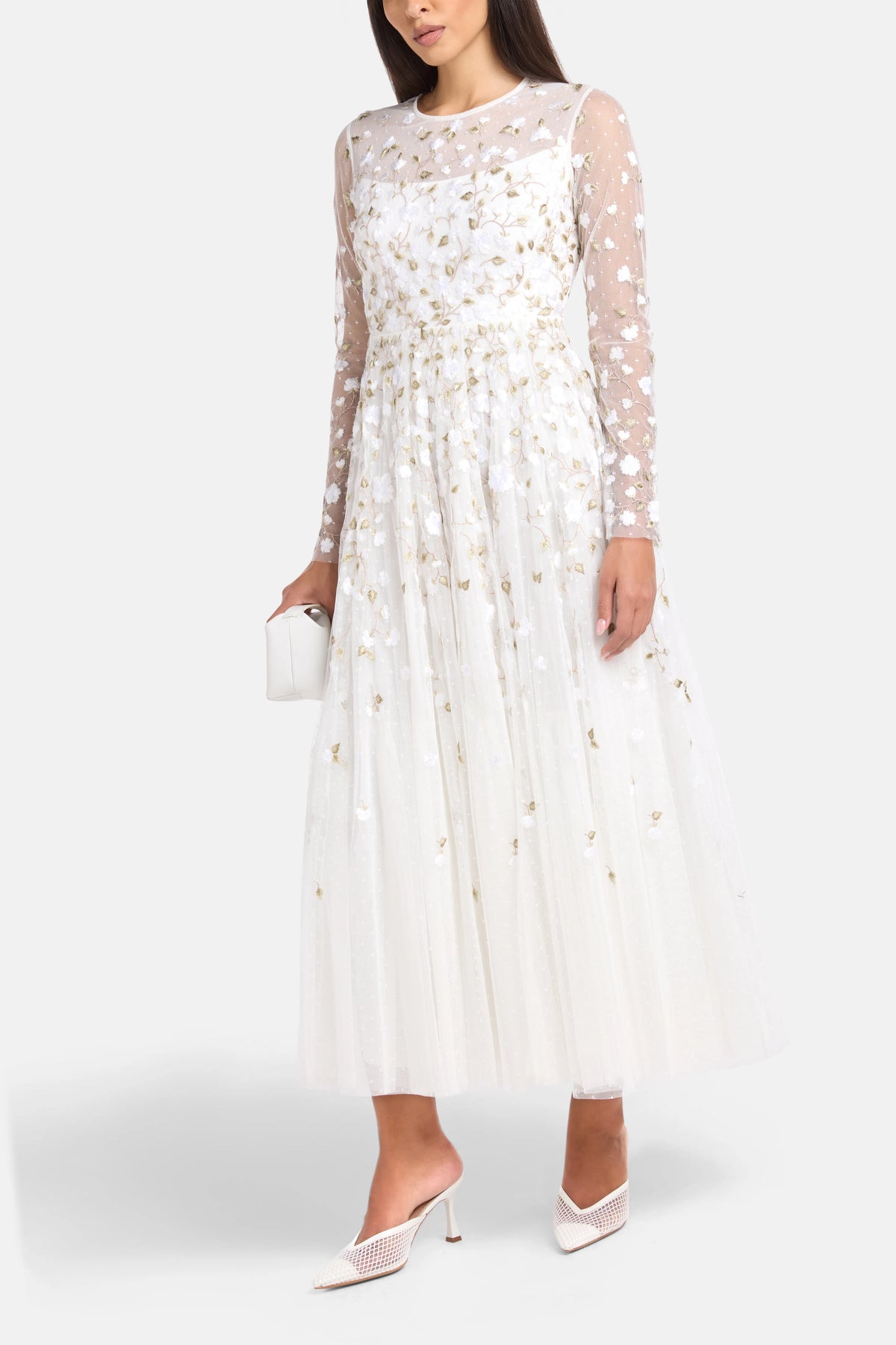 Trailing Roses Floral Evening Dress in White