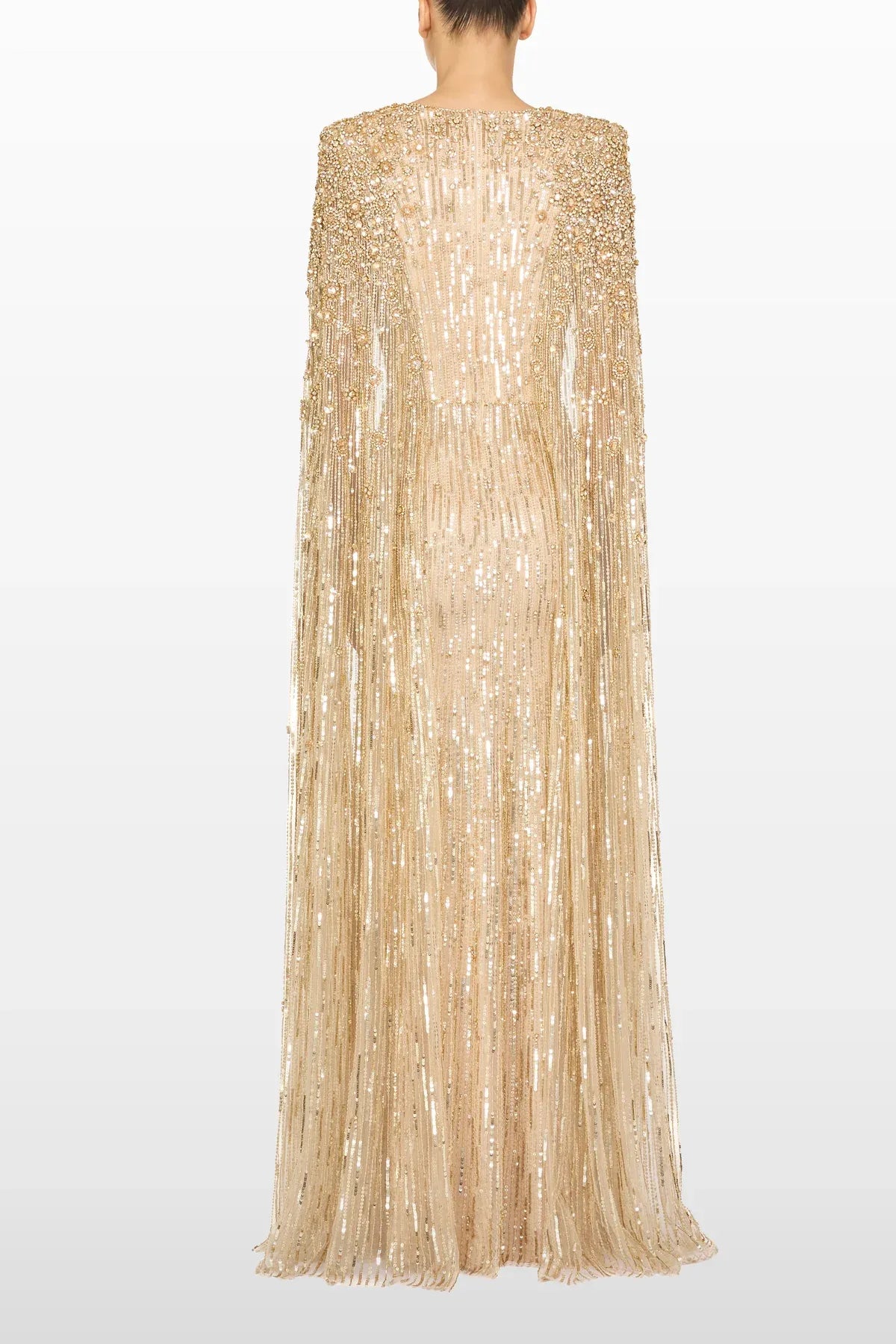 Sweet Silva Sequins Embellished Cape Evening Gown in Gold