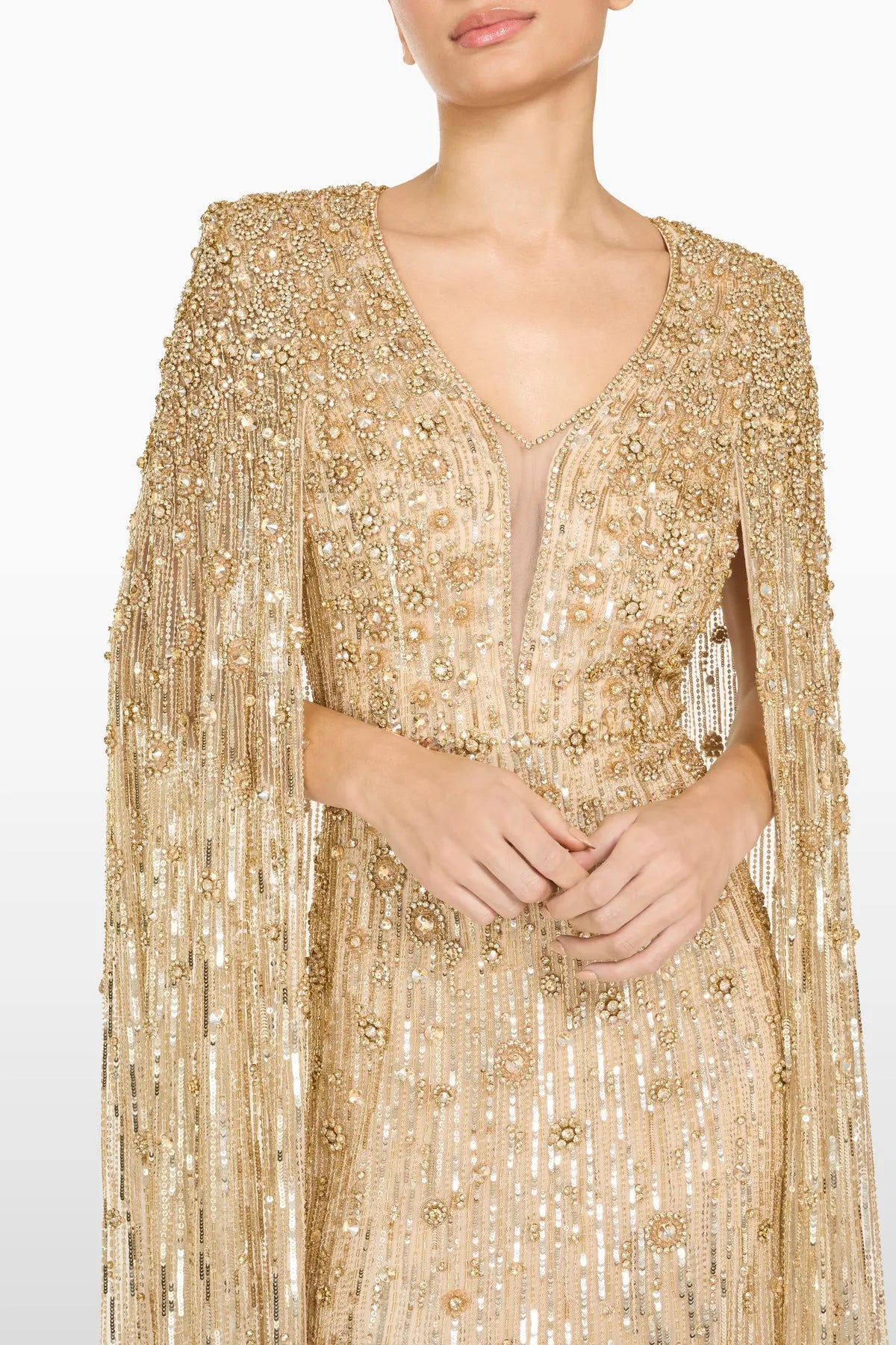 Sweet Silva Sequins Embellished Cape Evening Gown in Gold