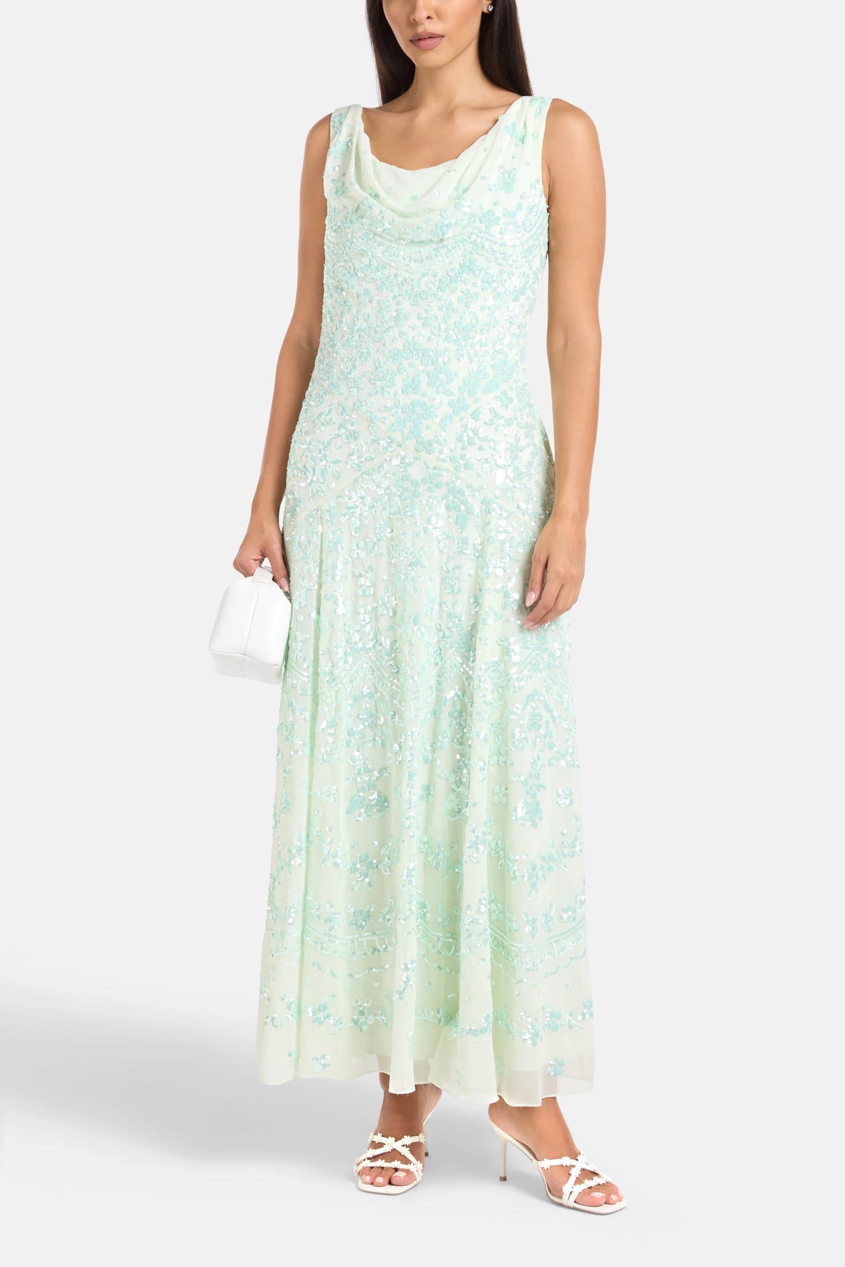 Freya Georgette Sleeveless Floral Sequins Evening Dress in Green