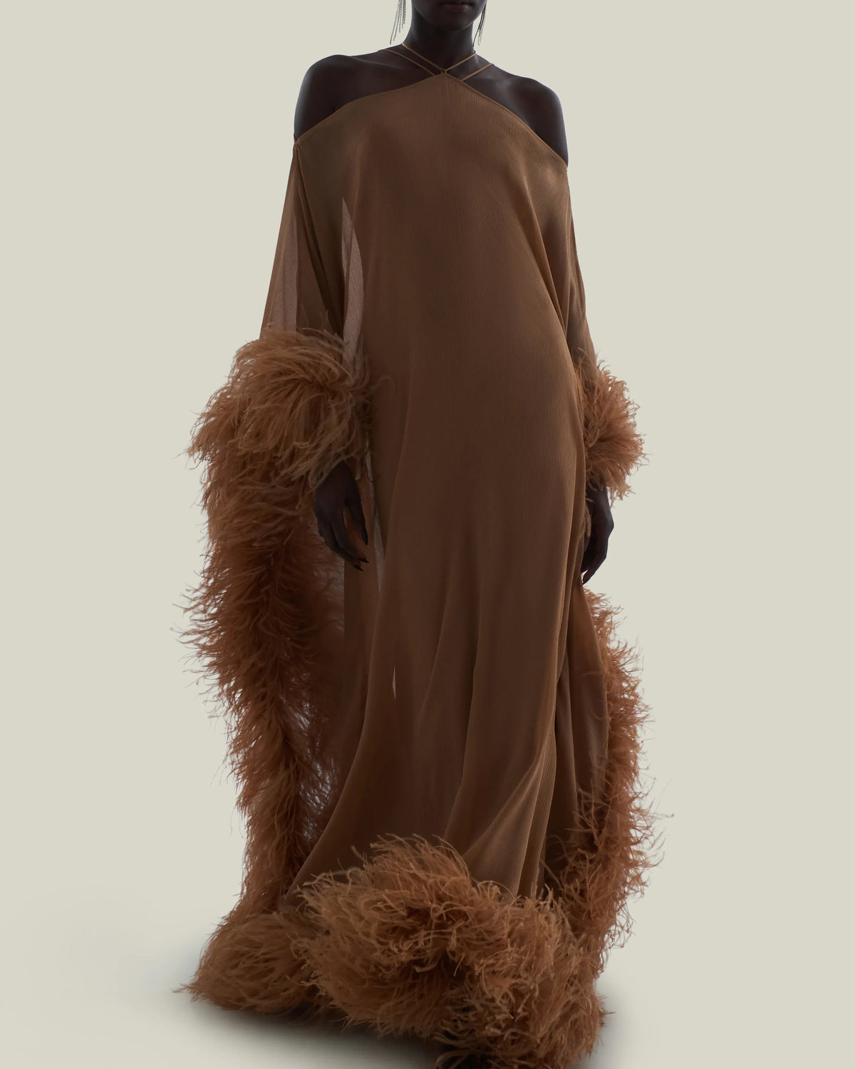 Sza Sza Spirito Halter Neck Feathered Silk Maxi Kaftan in Brown