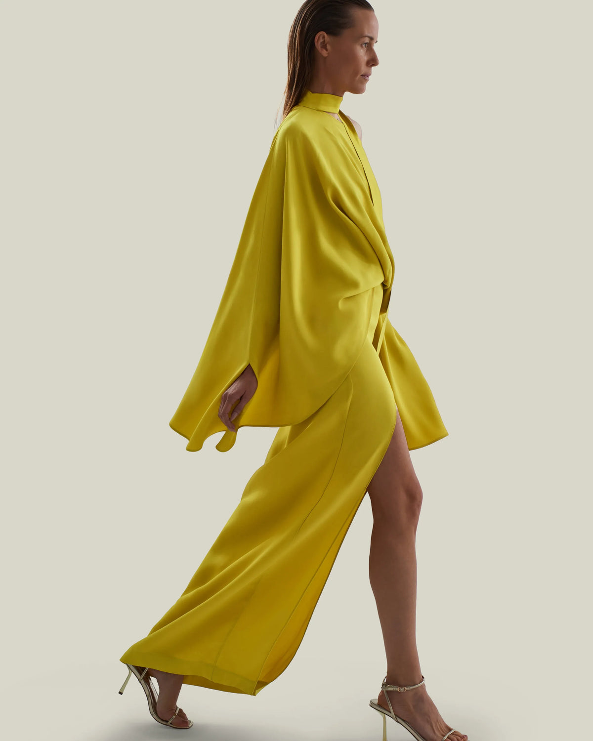 Brooks Neck Tie Thigh Slit Evening Dress in Yellow