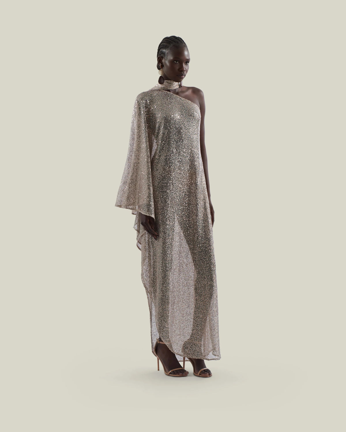 Ubud Disco Metallic Sequins One Shoulder Sheer Evening Dress in White