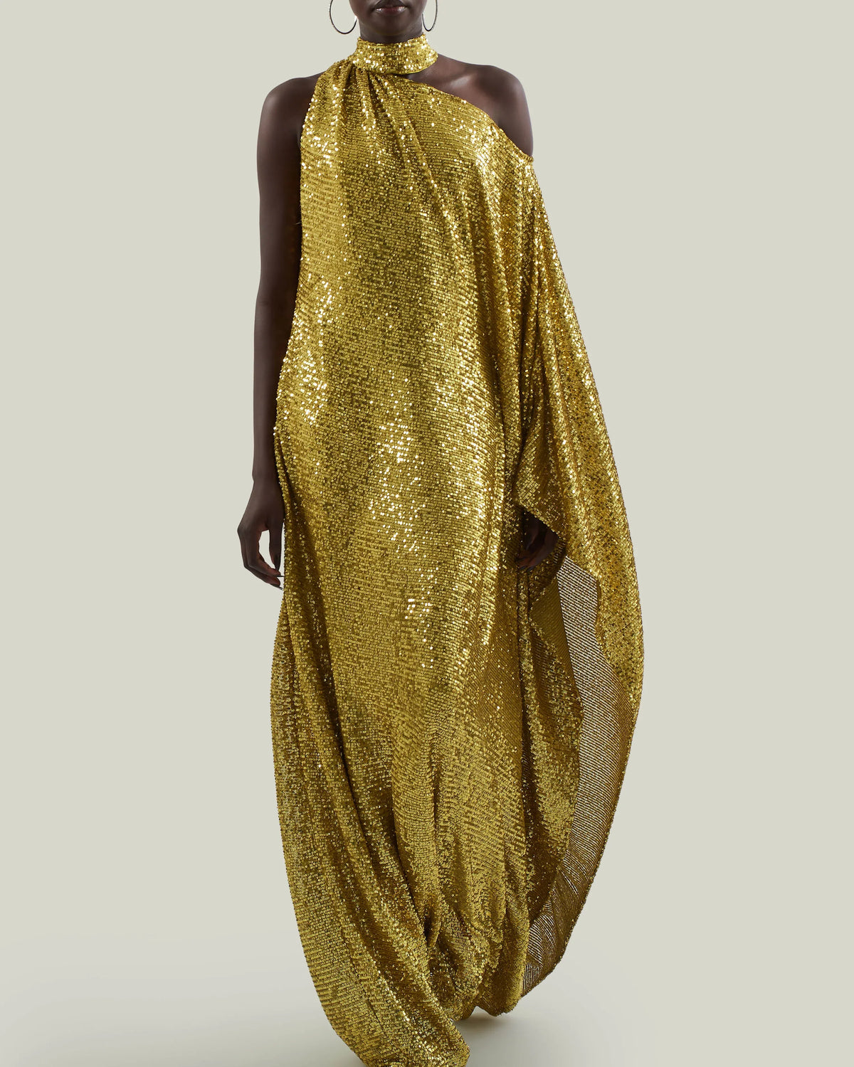 Atlas Disco Metallic Sequins One Shoulder Evening Dress in Yellow
