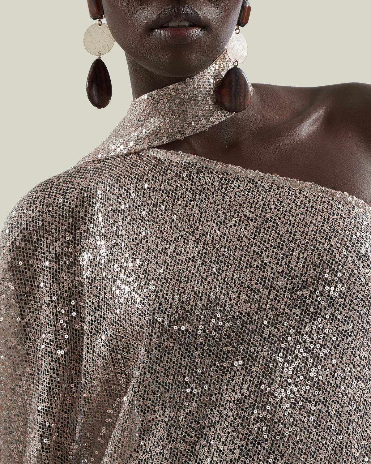 Ubud Disco Metallic Sequins One Shoulder Sheer Evening Dress in White