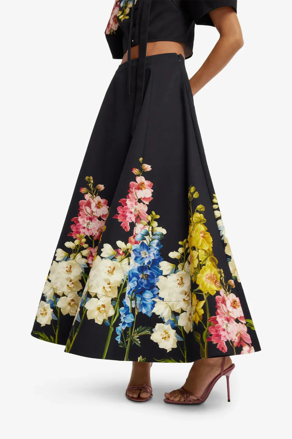 Elina Snapdragon Floral Cotton Maxi Skirt in Black