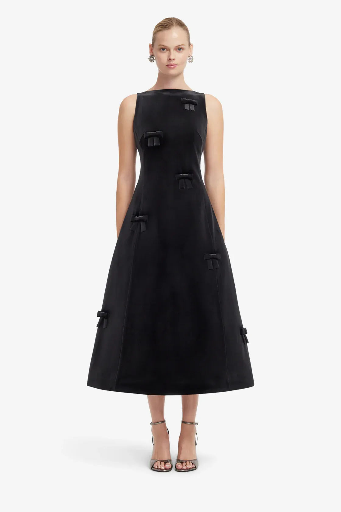 Cleo Bow Applique Sleeveless Midi Dress in Black