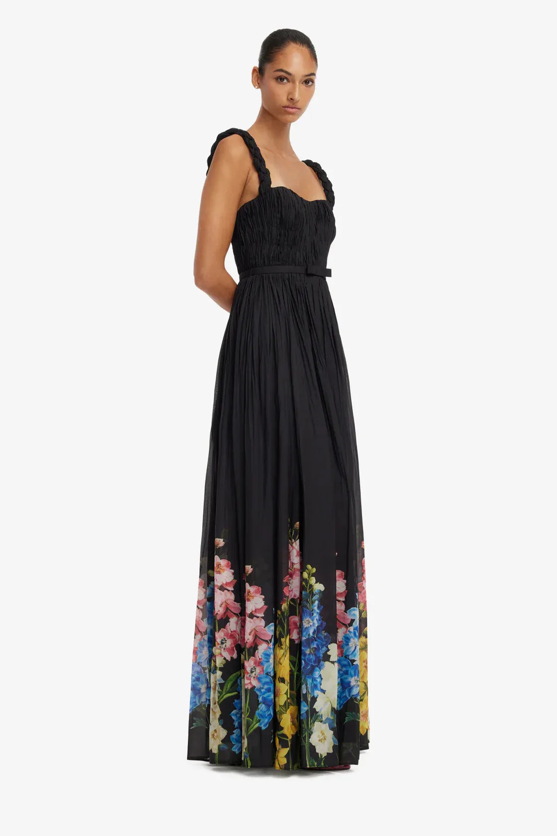 Angelina Snapdragon Floral Ruffles Maxi Dress in Black