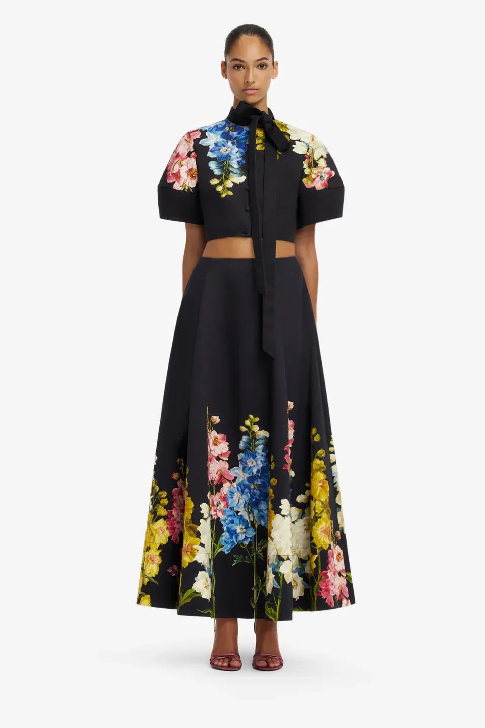 Elina Snapdragon Floral Cotton Maxi Skirt in Black