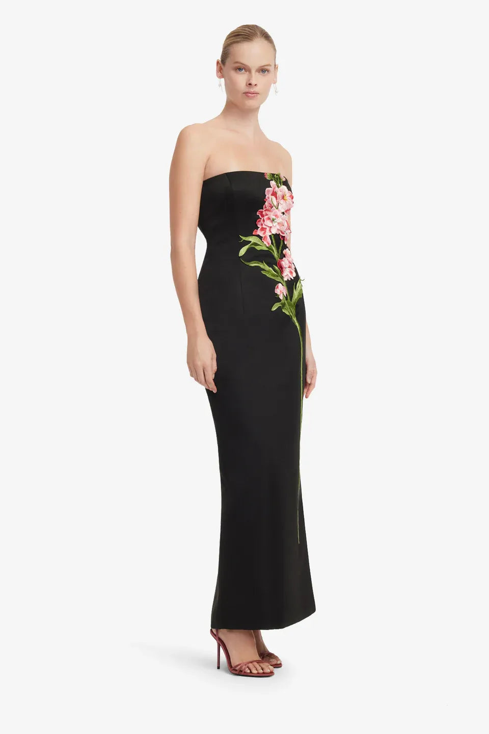 Rayna Snapdragon Floral Embroidered Bustier Strapless Maxi Dress in Black