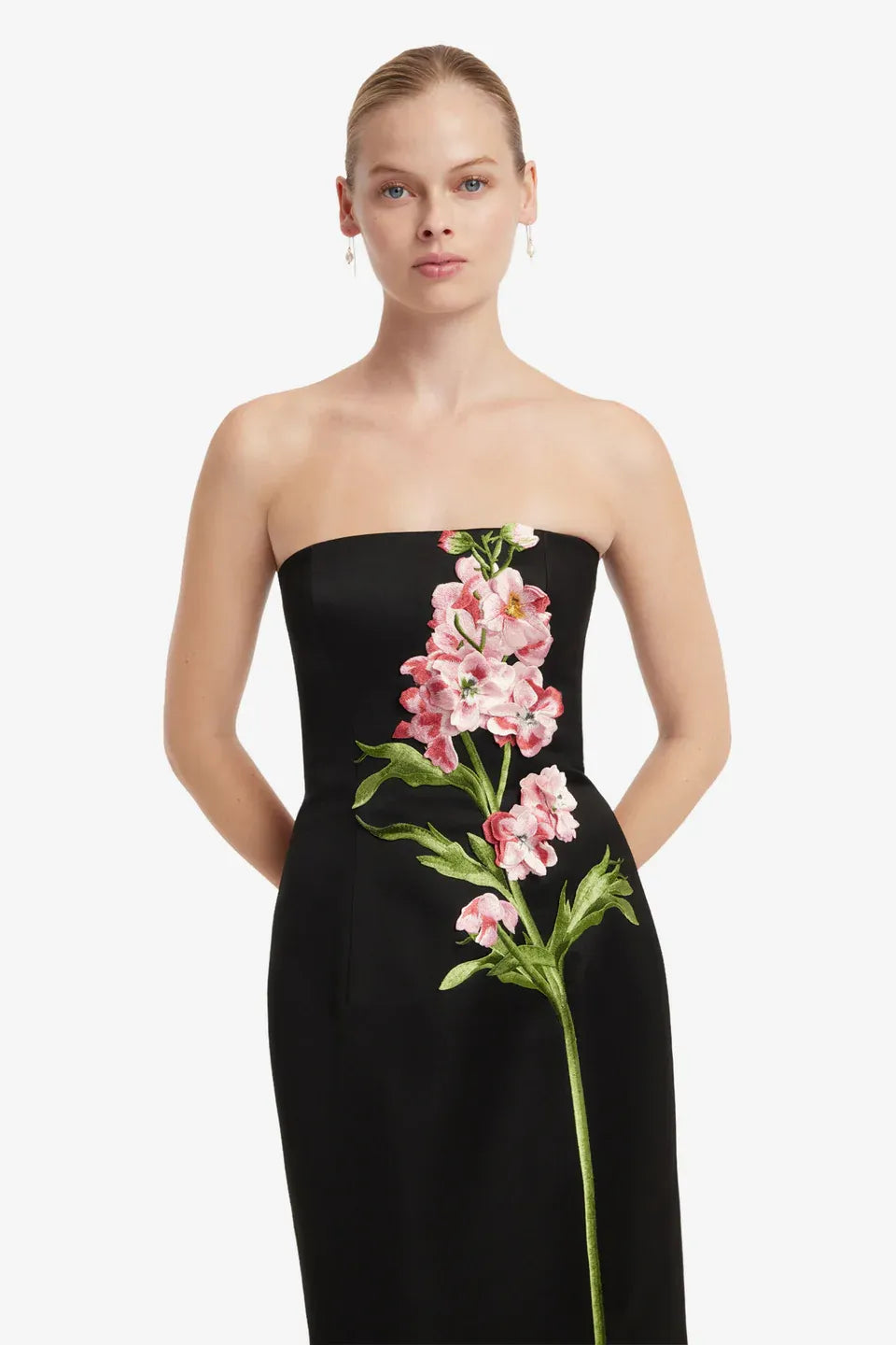 Rayna Snapdragon Floral Embroidered Bustier Strapless Maxi Dress in Black