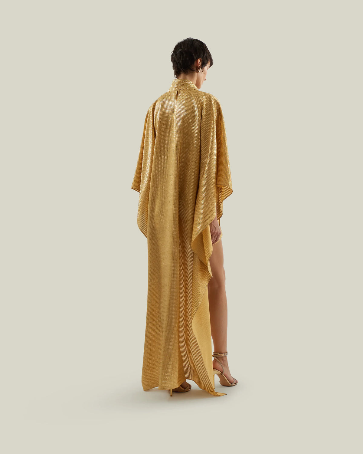 Denver Sunrise Shimmer Neck Tie Maxi Kaftan in Gold