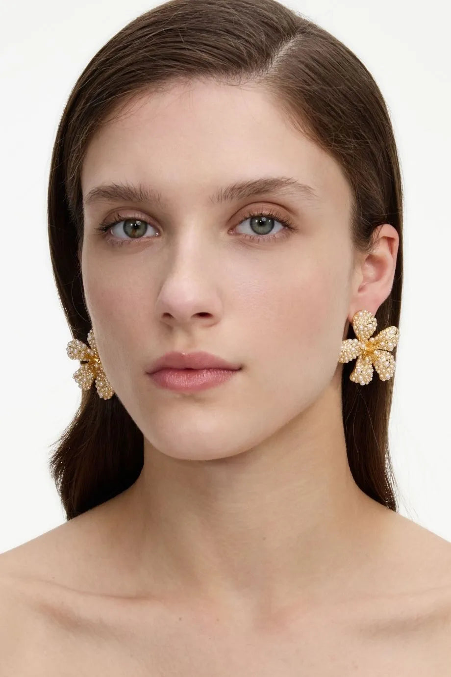Pearls Encrusted Floral Earrings in Gold
