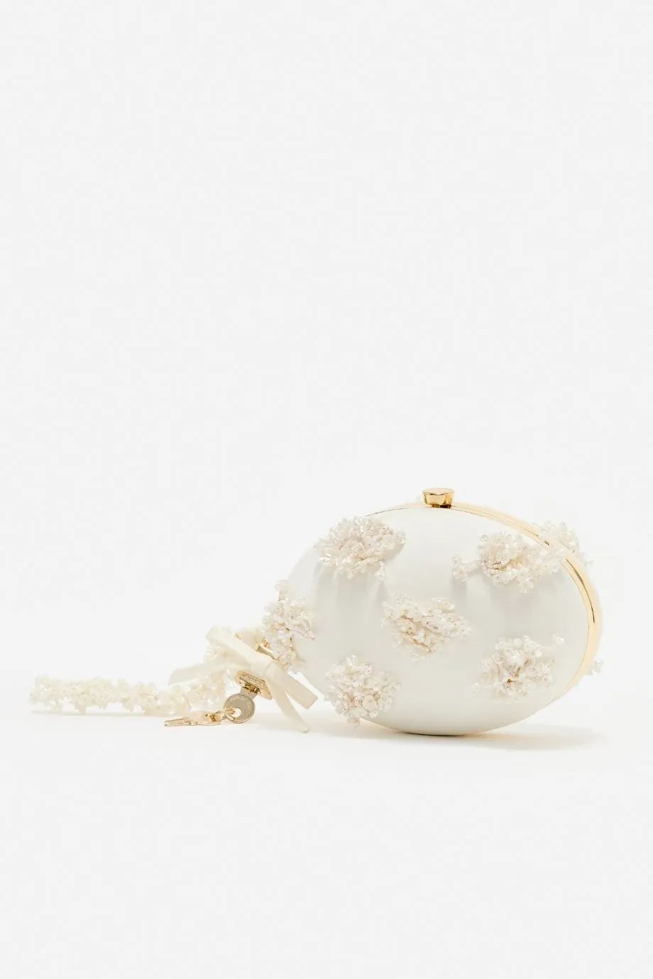 Satin Floral Beaded Oval Clutch Bag in Cream