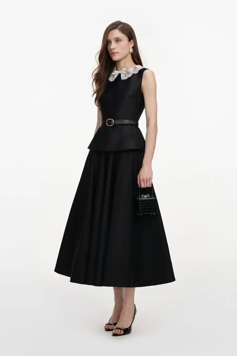 Taffeta Sleeveless Peplum Belted Midi Dress in Black