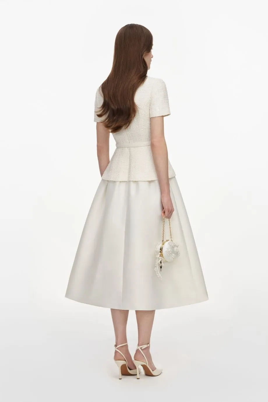 Boucle Short Sleeves Taffeta Belted Midi Dress in Cream
