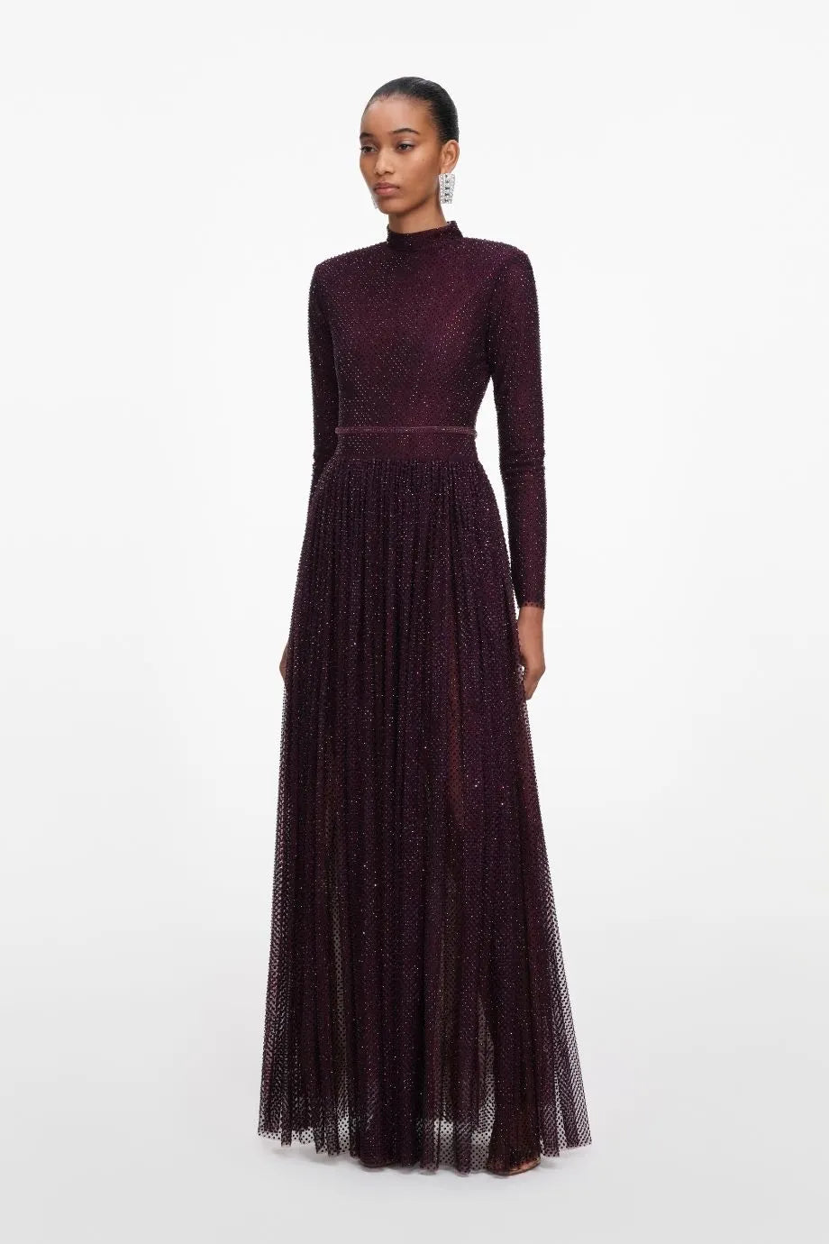 Rhinestones Long Sleeves Belted Evening Dress in Burgundy