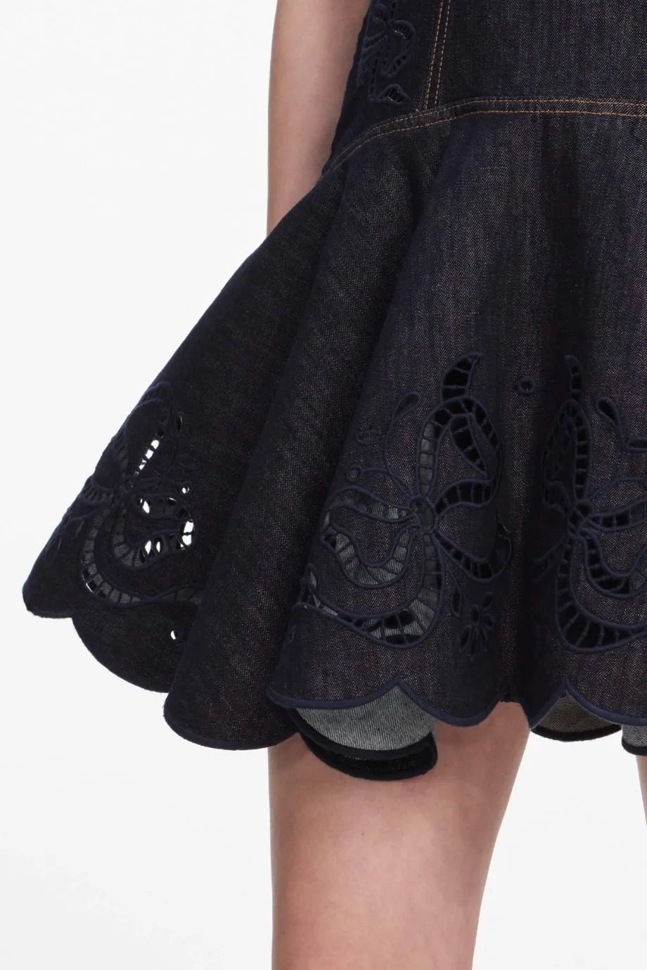 Denim Bow Embroidered Sleeveless Cotton Mini Dress in Blue