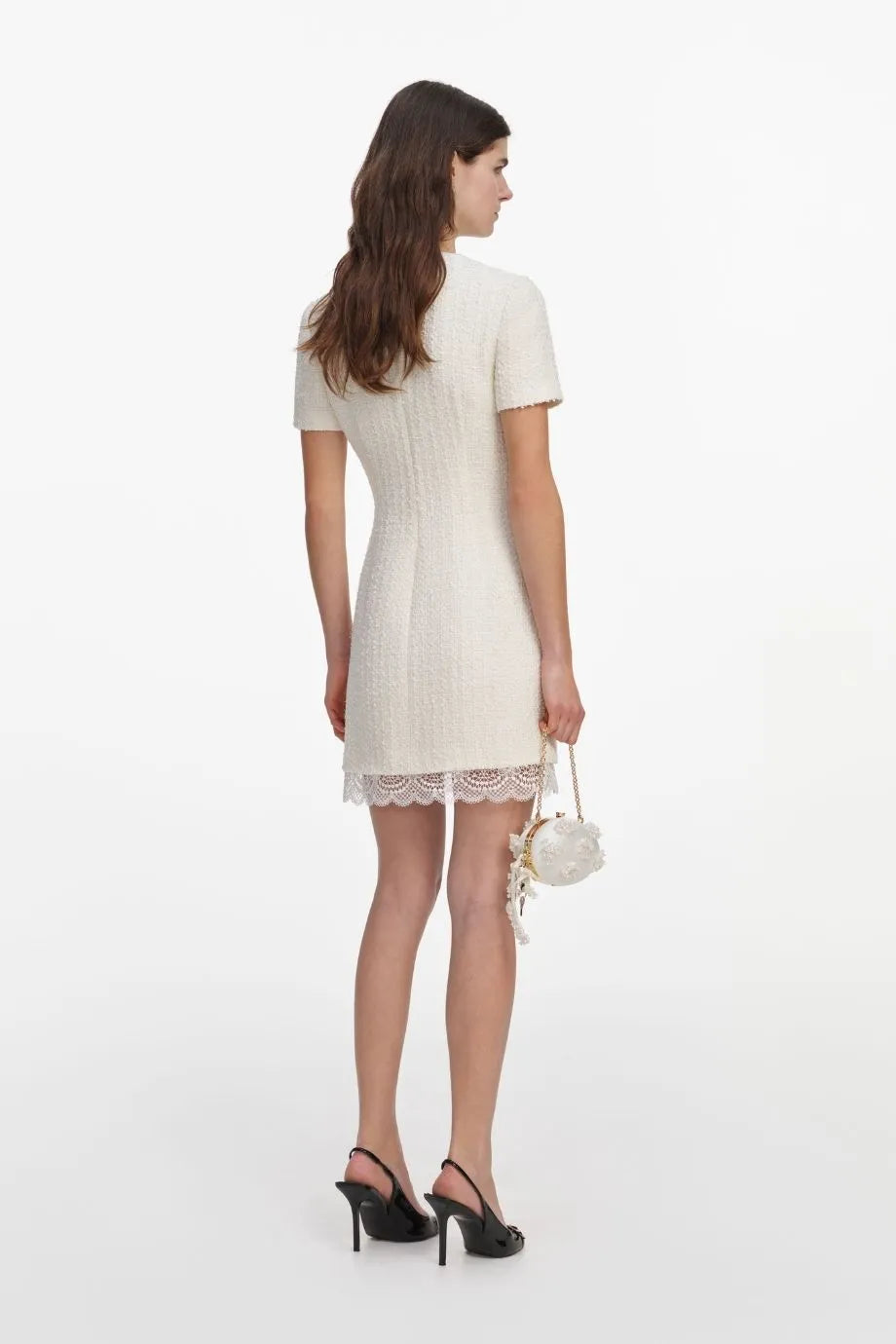 Boucle Short Sleeves Lace Trim Mini Dress in Cream