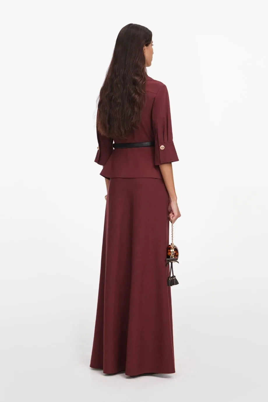 Twill Long Sleeves Belted Maxi Dress in Brown