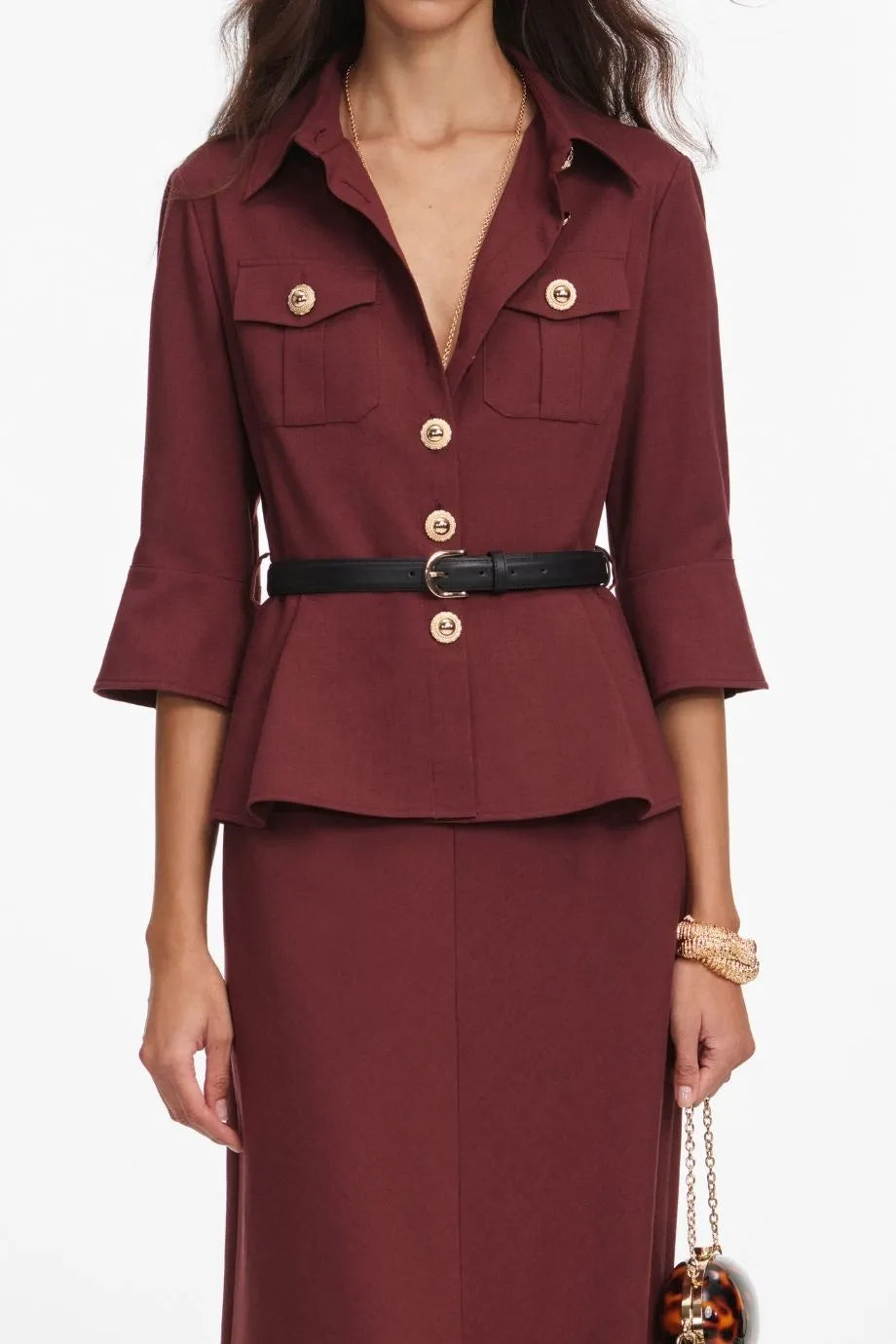 Twill Long Sleeves Belted Maxi Dress in Brown