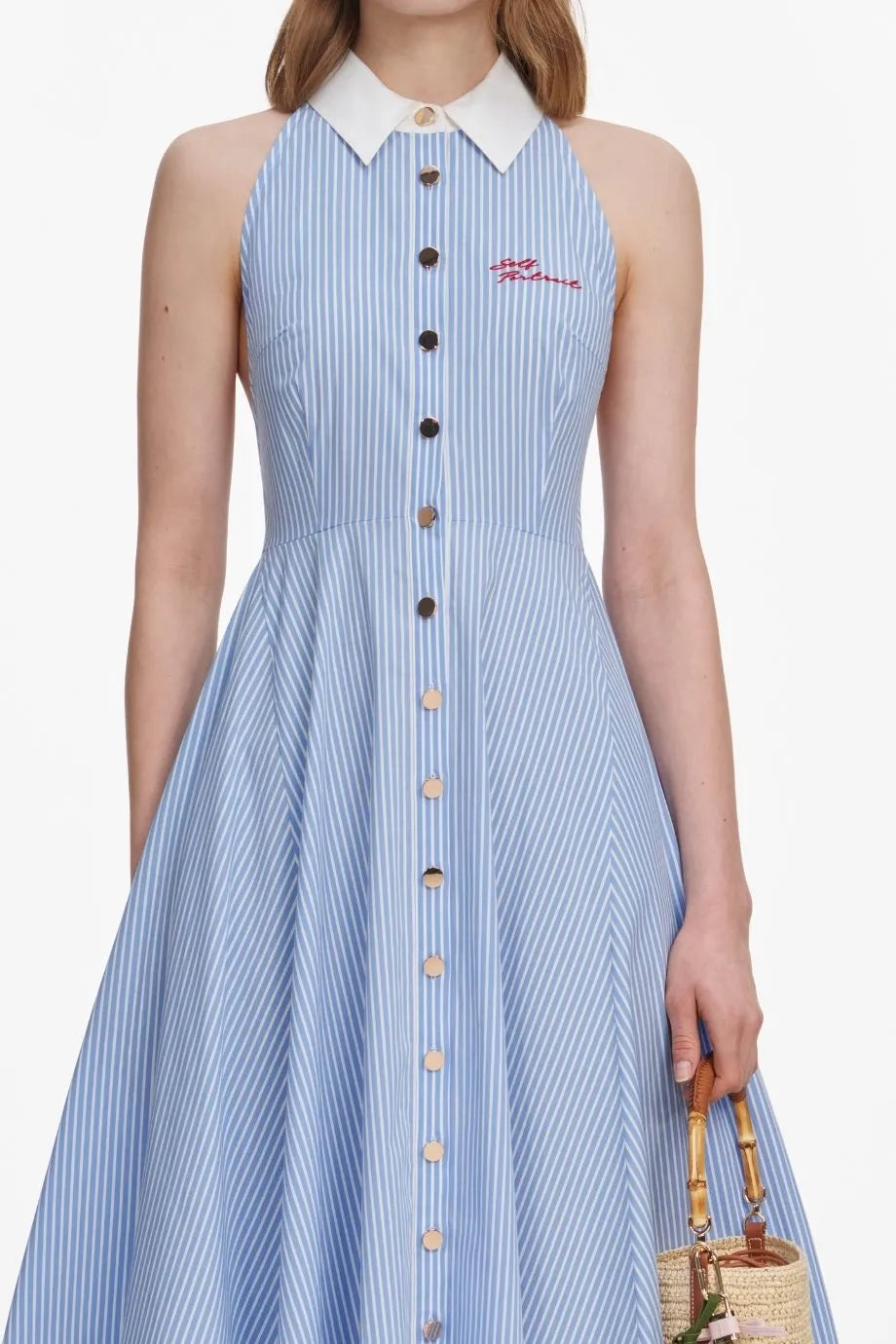 Striped Sleeveless Collar Cotton Midi Dress in Blue