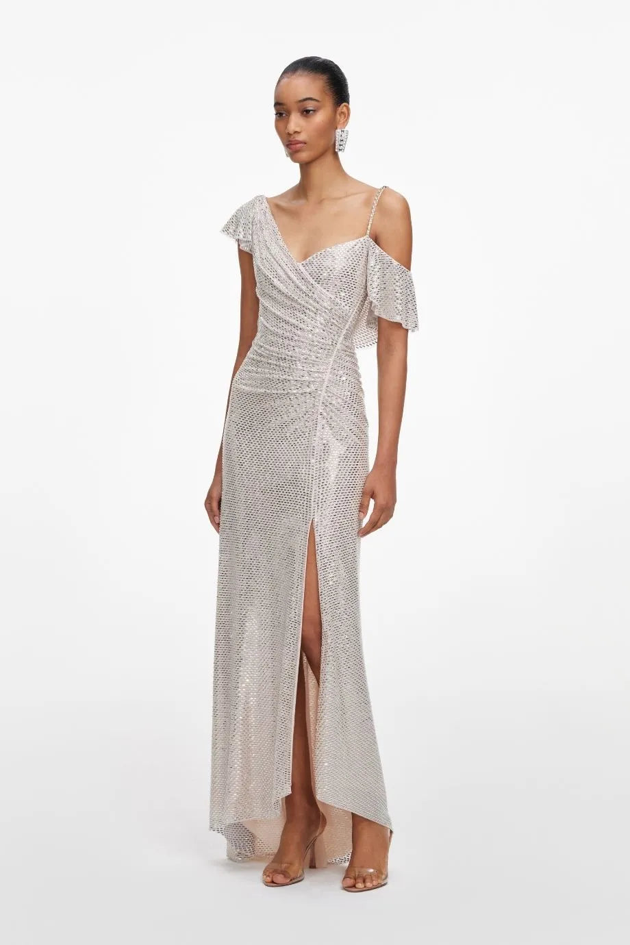 Rhinestones Ruffles Draped Evening Dress in Beige